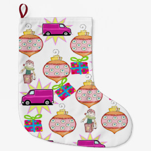 Christmas Stocking, Toys Bells Pink Car  Large Christmas Stocking