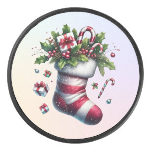 Christmas Stocking with Gifts and Candy Canes Hockey Puck