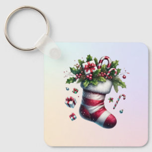 Christmas Stocking with Gifts and Candy Canes Key Ring