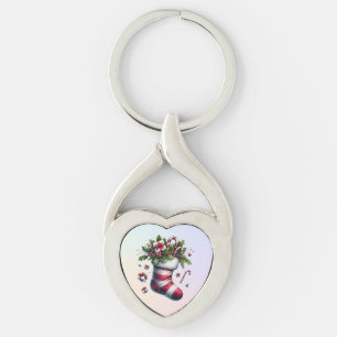 Christmas Stocking with Gifts and Candy Canes Key Ring
