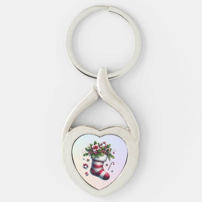 Christmas Stocking with Gifts and Candy Canes Key Ring (Front)