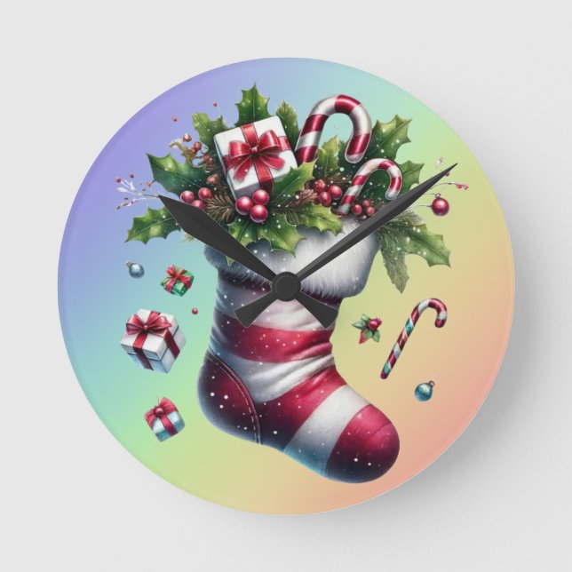 Christmas Stocking with Gifts and Candy Canes Round Clock (Front)