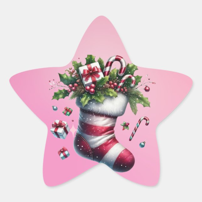 Christmas Stocking with Gifts and Candy Canes Star Sticker (Front)