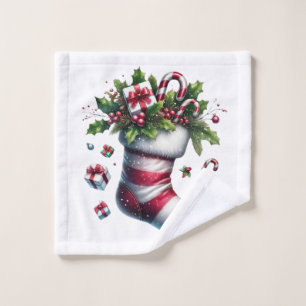 Christmas Stocking with Gifts and Candy Canes Wash Cloth