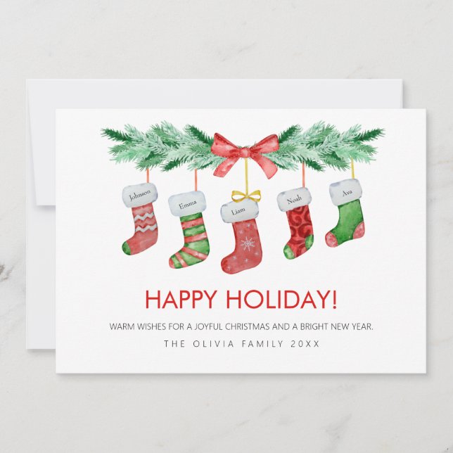 Christmas Stockings 5 Family Names Happy  Holiday Card (Front)