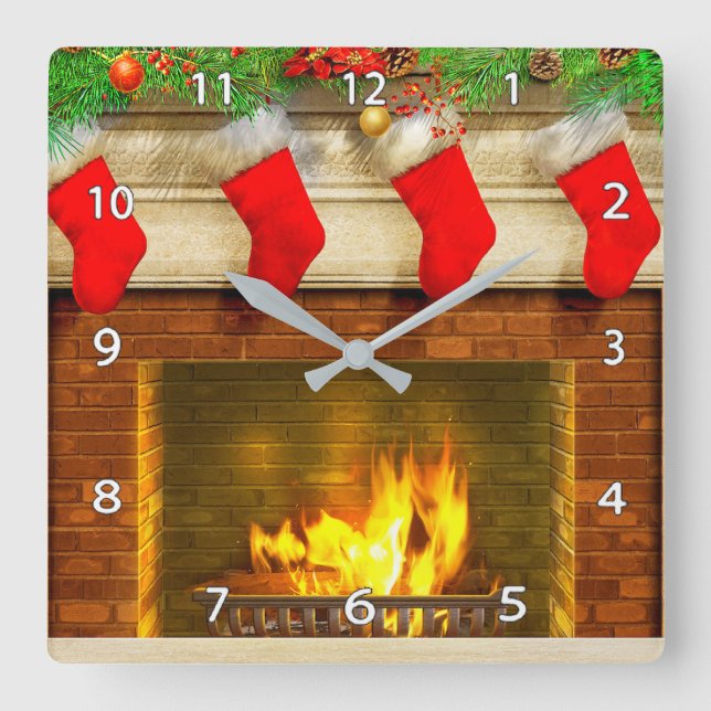 Christmas Stockings and Fireplace Wall Clock (Front)