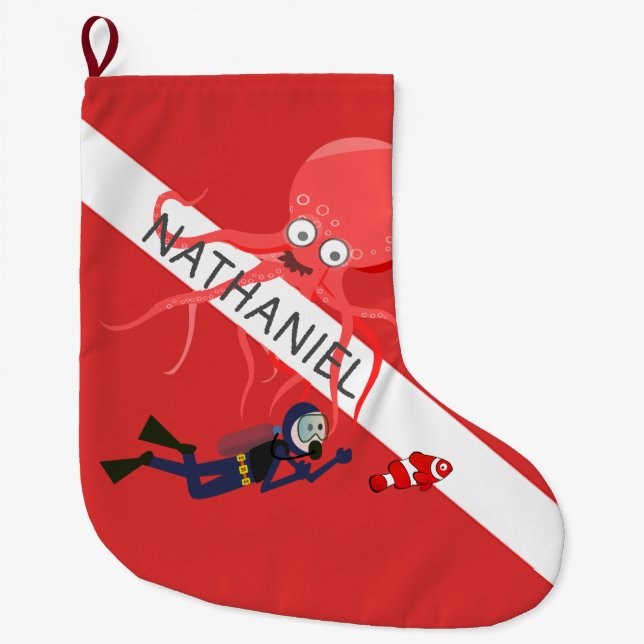 CHRISTMAS  STOCKINGS, DIVER, OCTOPUS, SCUBA FLAG LARGE CHRISTMAS STOCKING (Front)