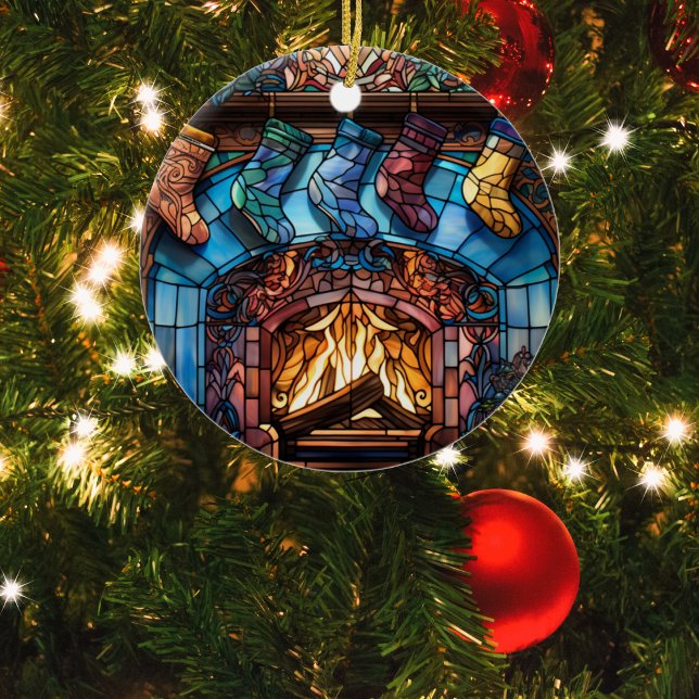 Christmas Stockings Fireplace Stained Glass  Ceramic Ornament (Creator Uploaded)