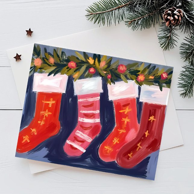 Christmas Stockings | Garland Merry Christmas  Holiday Postcard (Creator Uploaded)