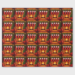 Christmas Stockings Hanging Above Warm Fireplace Wrapping Paper