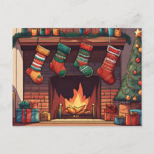 Christmas Stockings Hanging Over Fireplace  Holiday Postcard