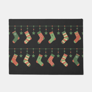 Christmas stockings red green brown garland doormat