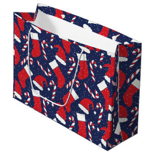 Christmas Stockings, Santa Hats and Candy Cane Large Gift Bag