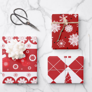 Christmas Stockings Trees and Snowflakes Red Wrapping Paper Sheet
