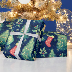 Christmas Stockings Trees Berries Christmas Wrapping Paper