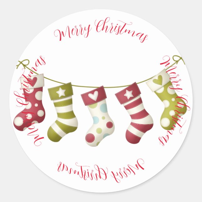 Christmas Stockings with Merry Christmas greeting Classic Round Sticker (Front)