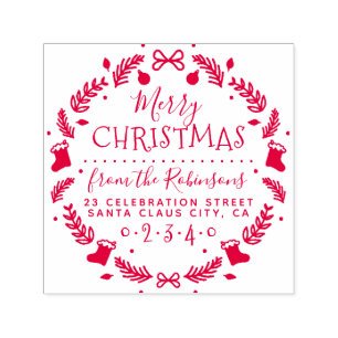 Christmas Stockings Wreath Name & Return Address Self-inking Stamp