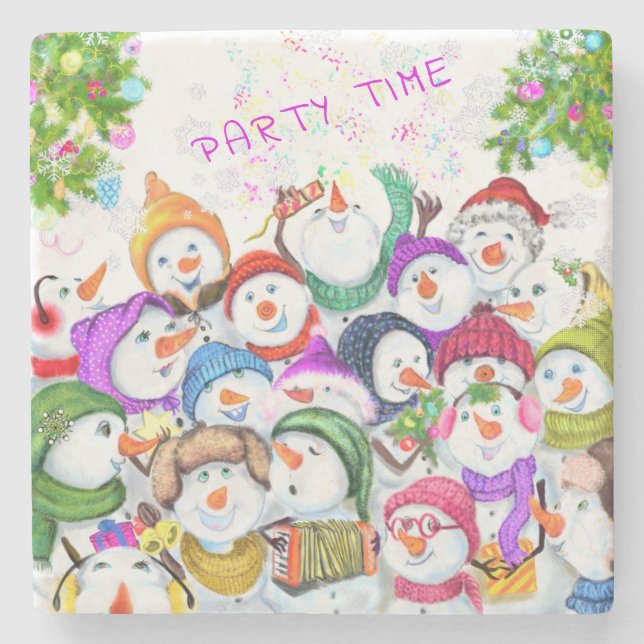 Christmas Stone Coaster with Happy Snowmans Party (Front)