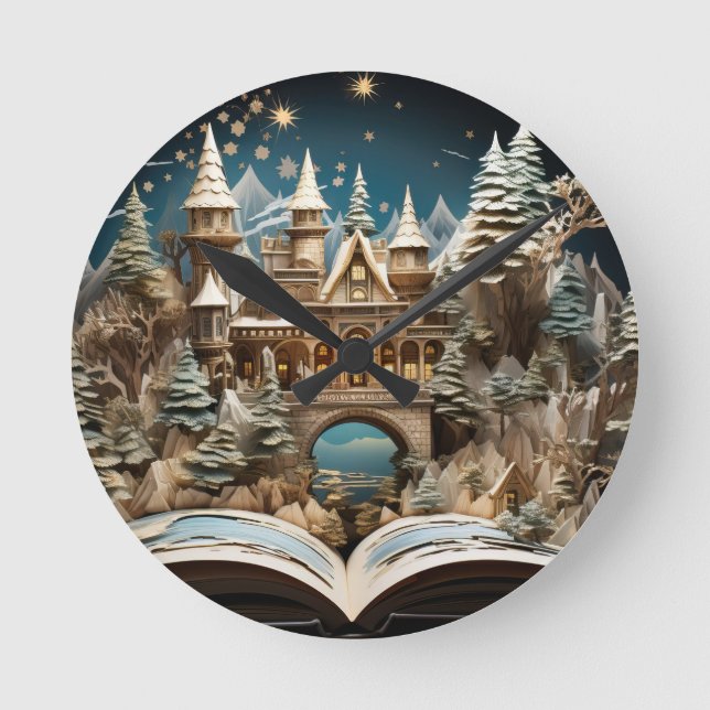 Christmas Storybook Castle Pop-Up Wonderland Round Clock (Front)
