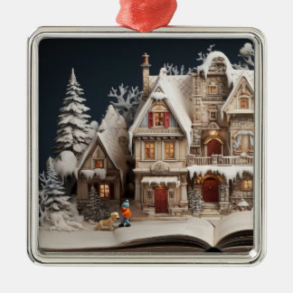 Christmas Storybook Manor With Child & Dog Metal Ornament