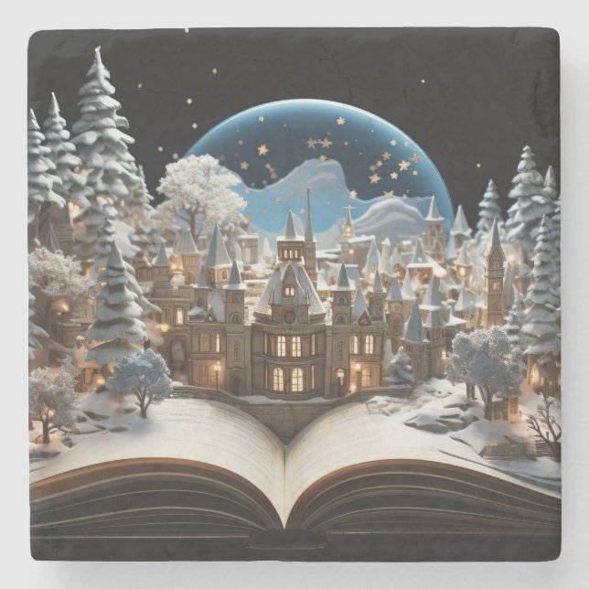 Christmas Storybook Snow-Globe Village Stone Coaster (Front)