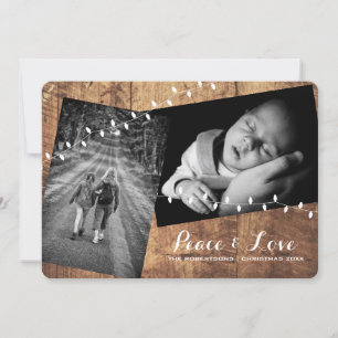 Christmas Strewn Photos Wood Lights Peace & Love Holiday Card