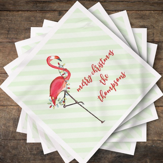 Christmas String Lights Festive Cute Flamingo Napkin (Cute Christmas Merry and Bright pink flamingo holiday lights.)