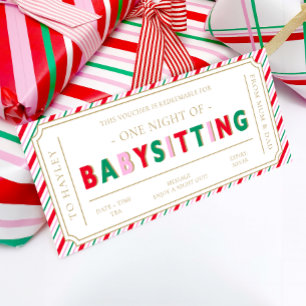 Christmas Stripe Babysitting Gift Voucher Card