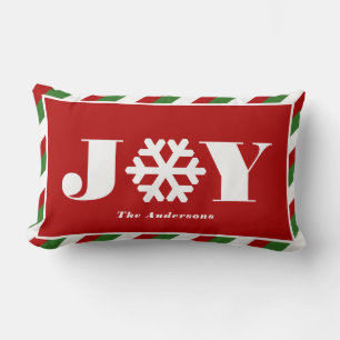 Christmas Stripe JOY Snowflake Family Name Lumbar Cushion