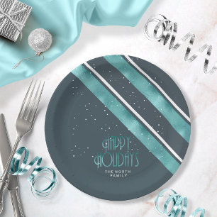 Christmas Stripe Pattern Teal/White ID862 Paper Plate