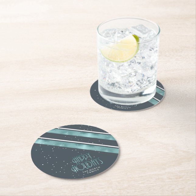Christmas Stripe Pattern Teal/White ID862 Round Paper Coaster (Insitu)