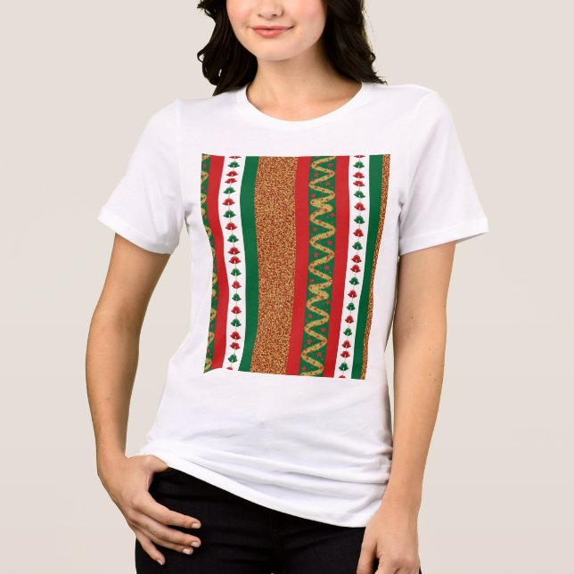 Christmas Striped Bells & Glitter Pattern Tri-Blend Shirt (Front)