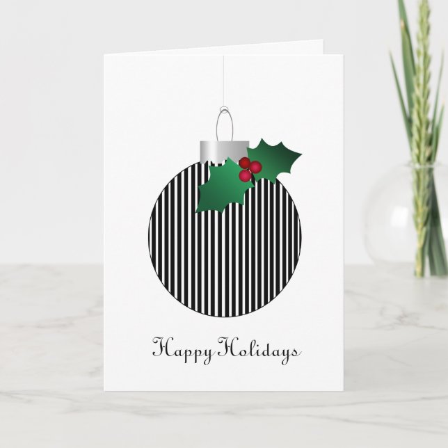 Christmas Striped Bulb Holly Black & White Bauble Holiday Card (Front)