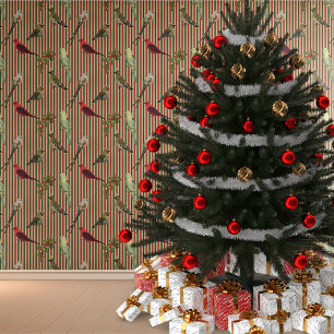 Christmas Stripes and Vintage Birds Wallpaper
