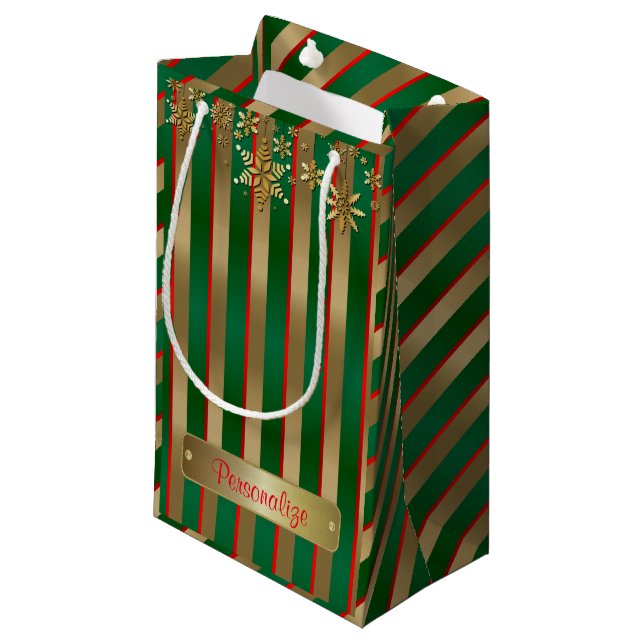 Christmas Stripes in Gold, Red and Green Small Gift Bag (Front Angled)