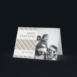 Christmas Stripes | Modern Colourful Cheerful Phot Holiday Card<br><div class="desc">Beautiful photograph holiday card with a simple, modern, minimalist “Merry Christmas” quote banner on a semi-transparent overlay over a stylish, cute diagonal christmas candy stripe background in striking shades of red, green, blue and pink in a modern, 'scandi 'scandinavian design style. This versatile card can be personalised with your own...</div>