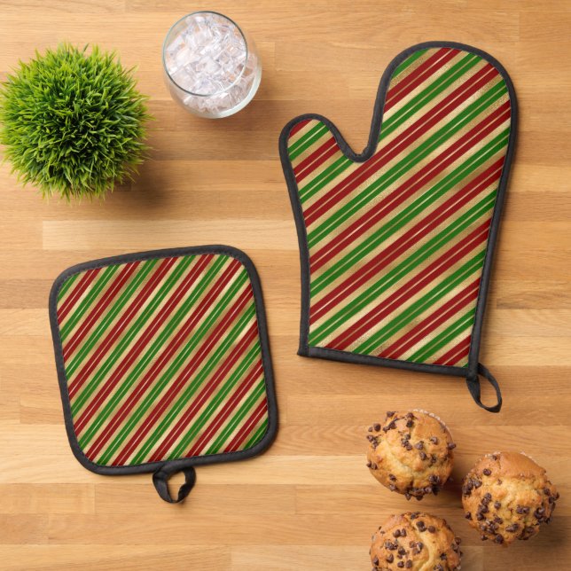 Christmas Stripes Red Green Gold  Oven Mitt & Pot Holder Set (Top Down)