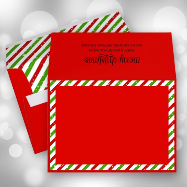 Christmas Stripes Red Holiday Envelope (Christmas candy cane stripes on red holiday envelopes with FREE return address on the back)