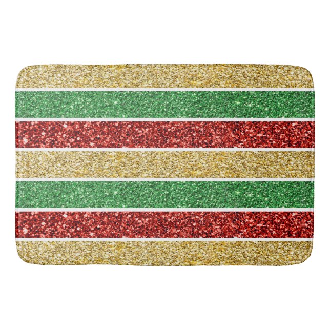 Christmas Stripes Red, Yellow Gold & Green Bling Bath Mat (Front)