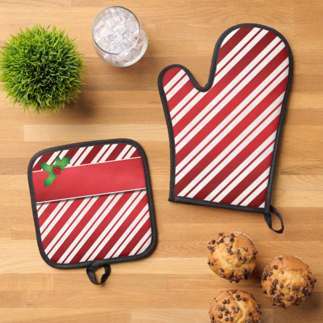 Christmas Stripes with Holly Oven Mitt & Pot Holder Set (Top Down)