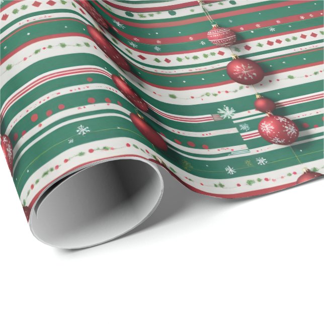 Christmas Stripes With Ornaments & Holiday Doodles Wrapping Paper (Roll Corner)