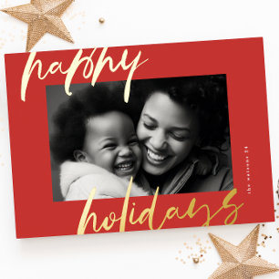 christmas stylish red script gold photo happy foil holiday card