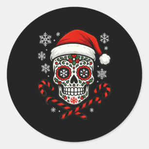 Christmas Sugar Calavera Skull Santa Hat Candy Can Classic Round Sticker