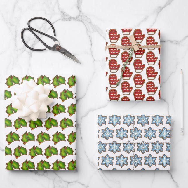 Christmas Sugar Cookies Holly Mitten Snowflake Wrapping Paper Sheet (Front)