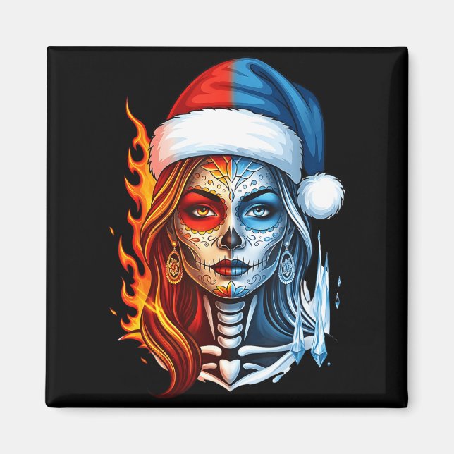 Christmas Sugar Skull Art Woman Santa Hat Fantasy  Magnet (Front)