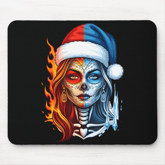 Christmas Sugar Skull Art Woman Santa Hat Fantasy  Mouse Pad (Front)