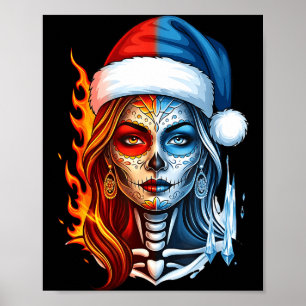 Christmas Sugar Skull Art Woman Santa Hat Fantasy  Poster