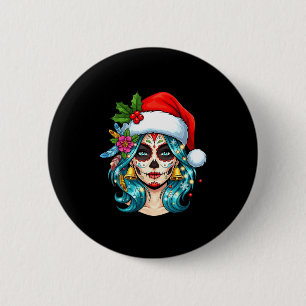 Christmas Sugar Skull Art Woman Santa Hat Festive  6 Cm Round Badge