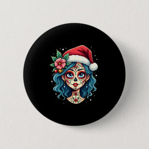 Christmas Sugar Skull Art Woman Santa Hat Festive  6 Cm Round Badge