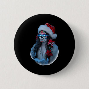 Christmas Sugar Skull Art Woman Santa Hat Festive 6 Cm Round Badge